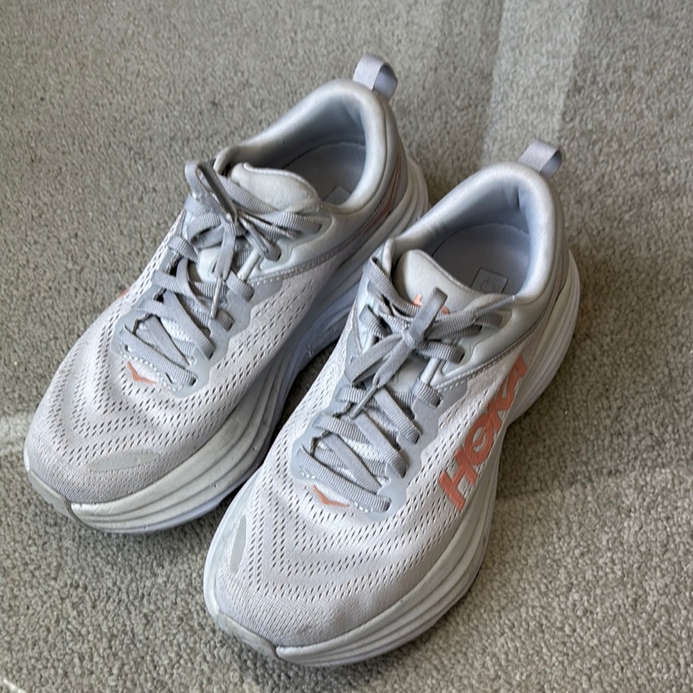 Hoka White and Light Gray Athletic Shoes Bondi 8